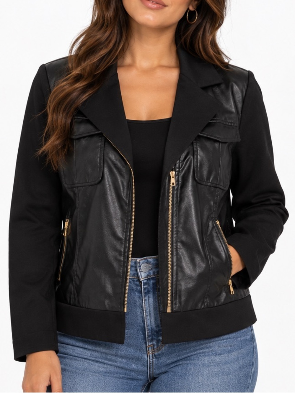 Hayden Black Faux Leather & Knit Sleeve Jacket